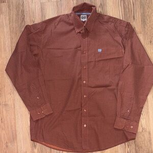 Men's Brown Patterned Button Down Dressy Cinch Dress Shirt Medium